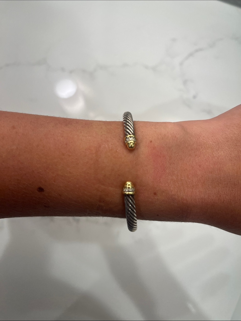 David Yurman Two-Tone Cable Cuff Bracelet - Silver and Gold with diamonds
